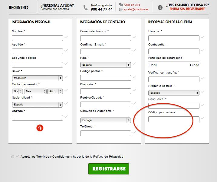 Formulario de alta de Sportium con código promocional