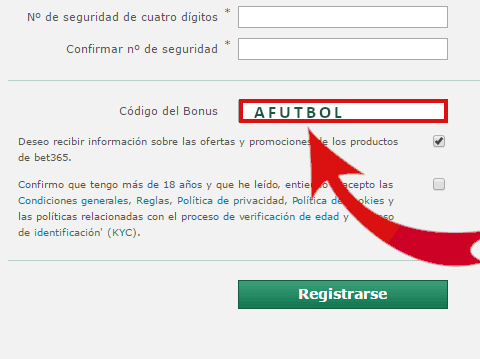 El campo código del bonus bet365 del formulario de alta en bet365 - AFUTBOL