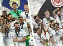 Equipos que disputan la Supercopa Europea levantando el trofeo que les clasifica para este partido